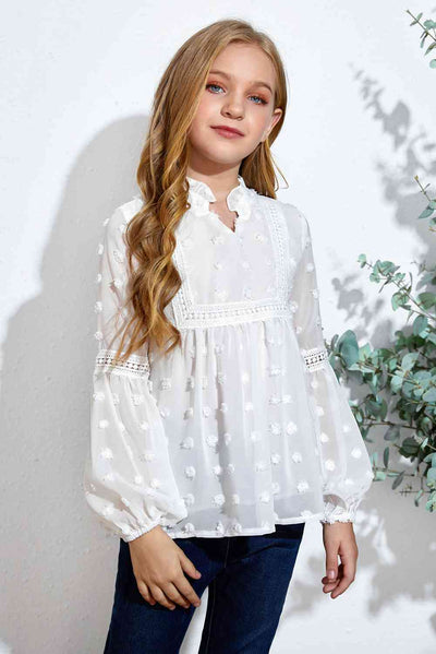 Charm and Grace: Girls Swiss Dot Spliced Lace Notched Blouse – Elegant Style for Young Fashionistas - mississippihippieco Charm and Grace: Girls Swiss Dot Spliced Lace Notched Blouse – Elegant Style for Young Fashionistas