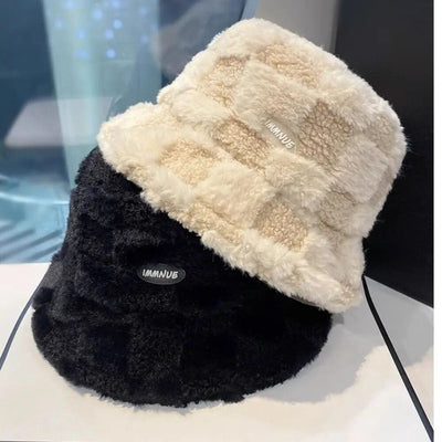 Chic Winter Warm Plaid Lamb Wool Bucket Hat for Women - mississippihippieco Chic Winter Warm Plaid Lamb Wool Bucket Hat for Women