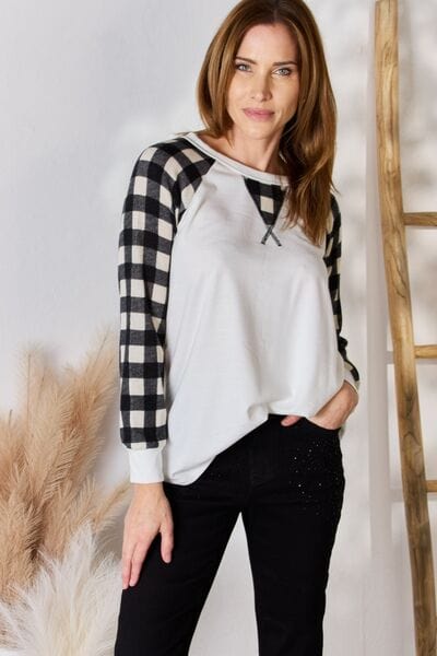 ✨ Classic Chic: Hailey & Co Full Size Plaid Raglan Sleeve Round Neck Blouse - Elevate Your Casual Style! 👚Made in USA GREY / S