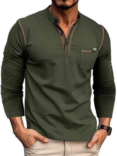 Classic Comfort: Men's Henley Color Block Knitted Long Sleeve T-Shirt – Trendy Styles for Every Wardrobe - mississippihippieco Classic Comfort: Men's Henley Color Block Knitted Long Sleeve T-Shirt – Trendy Styles for Every Wardrobe