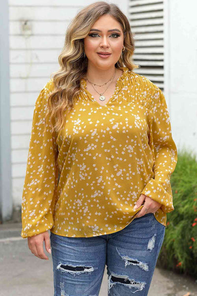 Curves and Class: Plus Size Notched Neck Smocked Blouse - Effortless Style for Every Occasion - mississippihippieco Curves and Class: Plus Size Notched Neck Smocked Blouse - Effortless Style for Every Occasion