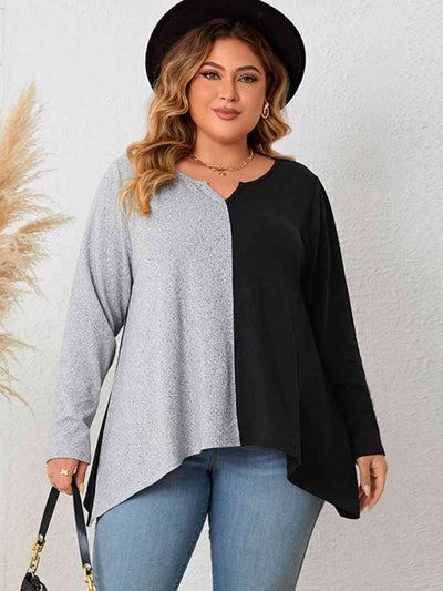 Curves in Contrast: Plus Size Notched Neck T-Shirt for Effortless Style and Comfort - mississippihippieco Curves in Contrast: Plus Size Notched Neck T-Shirt for Effortless Style and Comfort