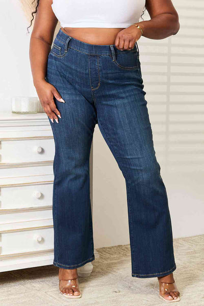Effortless Comfort: Judy Blue Full Size Elastic Waistband Slim Bootcut Jeans – Stylish Ease for Everyday Chic - mississippihippieco Effortless Comfort: Judy Blue Full Size Elastic Waistband Slim Bootcut Jeans – Stylish Ease for Everyday Chic