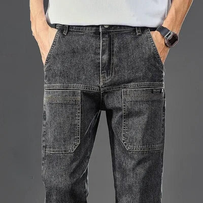 Effortless Style: Men's Slim Fit Cargo Jeans - Trendy Six-Pocket Work Pants - mississippihippieco Effortless Style: Men's Slim Fit Cargo Jeans - Trendy Six-Pocket Work Pants