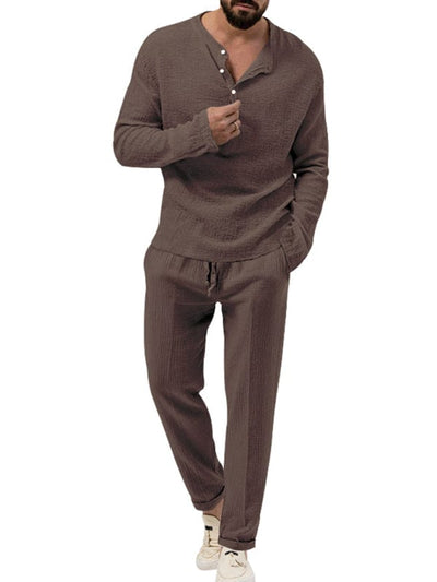 👔 Effortless Style: Men's Solid Color Casual Long-Sleeve Shirt and Trouser Suit 👔 Brown / S