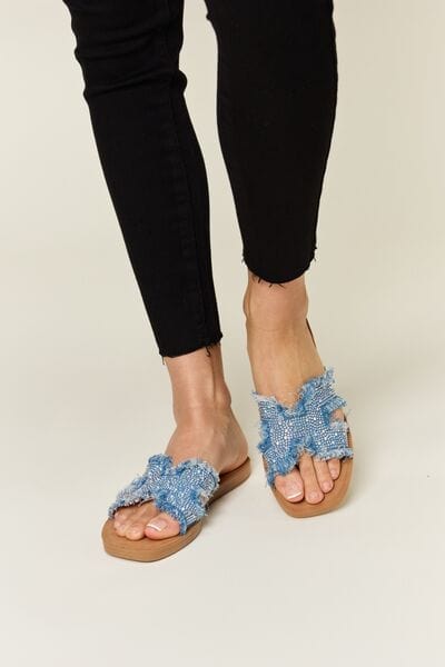 Women's Forever Link Denim H-Band Sandals: Casual Elegance with a Raw Edge - mississippihippieco Women's Forever Link Denim H-Band Sandals: Casual Elegance with a Raw Edge