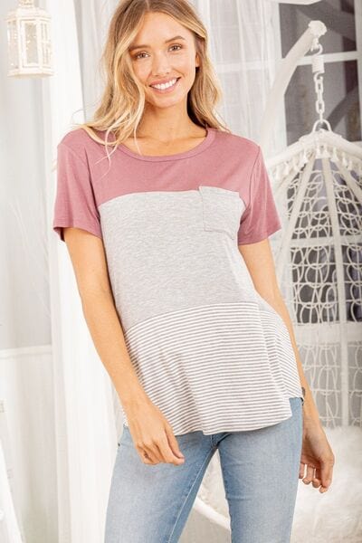 Heimish Color Block Striped Round Neck Short Sleeve T-Shirt MAUVEHGREY / S