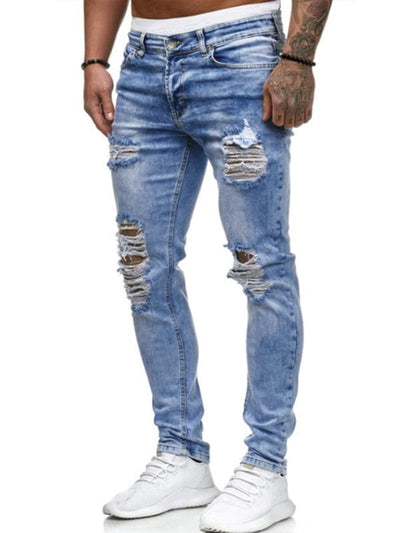 Men's Fashion Frayed Slim Fit Long Jeans Clear blue / S