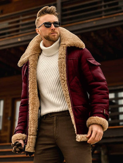 Men's fur one-piece thickened mid-length jacket Red / S