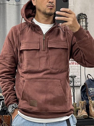 Men's hooded solid color sports multi-pocket leather sweatshirt jacket Pink / S