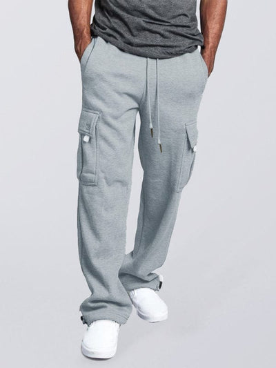 Men's Solid color elastic waist multi-pocket loose fit cargo pants Grey / S