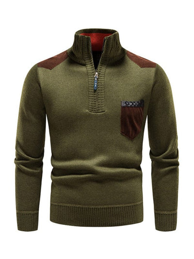 Men's stand-up collar thickened patchwork half-zip lapel sweater pullover sweater Olive green / M