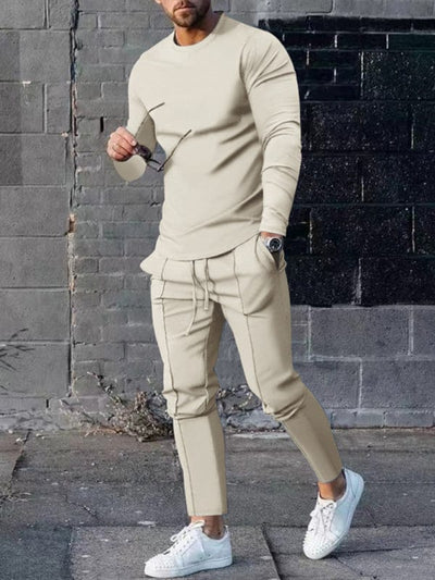 New Men's Two-piece Set Round Neck Long Sleeve T-Shirt Trousers Casual Sports Suit Cracker khaki / M