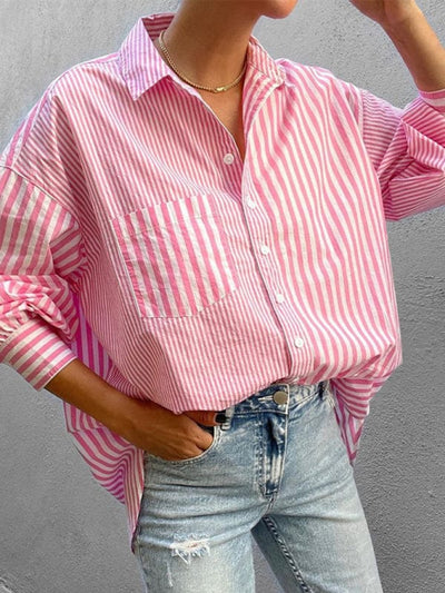 New women's simple fashionable shirt long sleeve striped shirt Pink / S