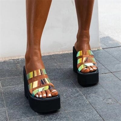 Futuristic Flair: Open Toe Wedge Sandals with Iridescent Straps - mississippihippieco Futuristic Flair: Open Toe Wedge Sandals with Iridescent Straps