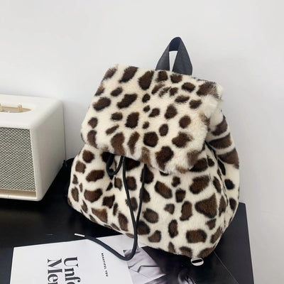Roar in Style: Harajuku Leopard Faux Fur Backpack for Women - Embrace Wild Elegance in Your Accessories!