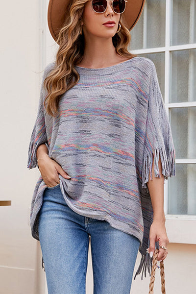 Round Neck Fringe Detail Sleeve Poncho - Stylish Comfort for Every Occasion Charcoal / One Size