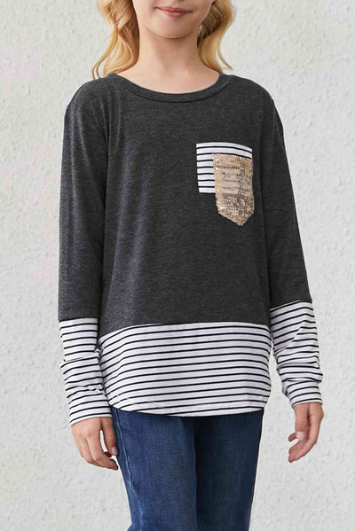 Sparkle and Stripes: Girls Striped Color Block Sequin Pocket Top – Trendy Charm for Young Fashionistas
