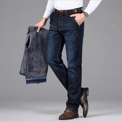 Stay Cozy and Stylish: Winter Warm Stretch Cotton Denim Jeans - Men's Smart Casual Fleece Lined Trousers