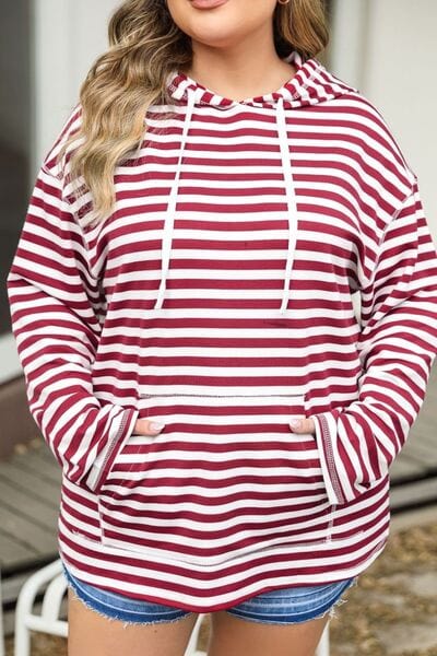 Stay Cozy and Stylish with Our Plus Size Drawstring Striped Dropped Shoulder Hoodie! 🌈