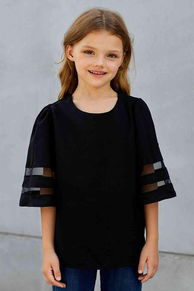 Striped Elegance: Girls Sheer Sleeve Flare Shirt – Trendy Comfort for Little Fashionistas