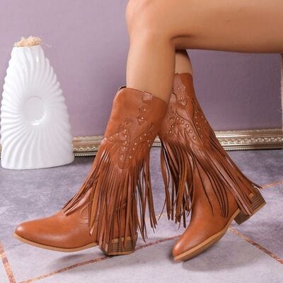 Studded Fringe PU Leather Boots: Edgy Style Meets Comfortable Elegance Ochre / 36(US5)