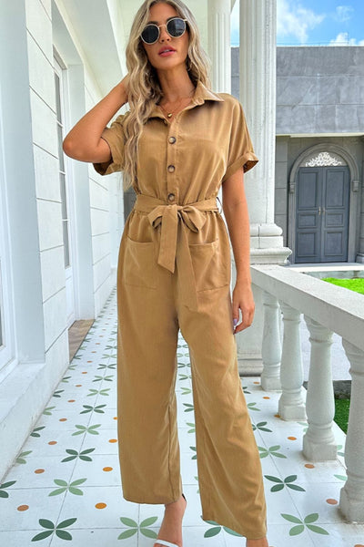 Tie Belt Buttoned Short Sleeve Collared Neck Jumpsuit  - Effortless Style with Versatile Charm! Honey / XS
