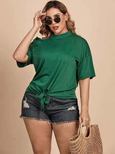 Trendy Curves: Plus Size Tied Cold-Shoulder Tee Shirt - Effortless Style for Confident Comfort Forest / XL