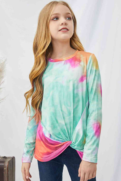 🌈 Trendy Vibes: Girls Tie-Dye Twist Front Long Sleeve Top - Elevate Her Style with Every Twist! 👧 Gum Leaf / 4T