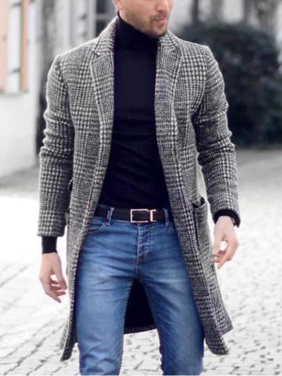Versatile Style: Embrace Every Occasion with Our Men's Rustic Houndstooth Woolen Mid-Length Coat Black / S