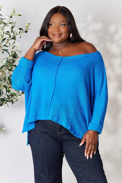 Zenana Round Neck High-Low Slit Knit Top - Sizes SM-3XL: Stylish Comfort for Every Body 0 Ocean Blue / S/M