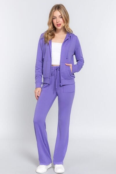 ACTIVE BASIC French Terry Zip Up Hoodie and Drawstring Pants Set Purple / S