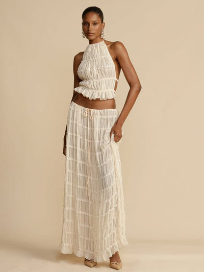 Backless lace-up halter top set and two-piece chiffon pleated long skirt with earrings White / S