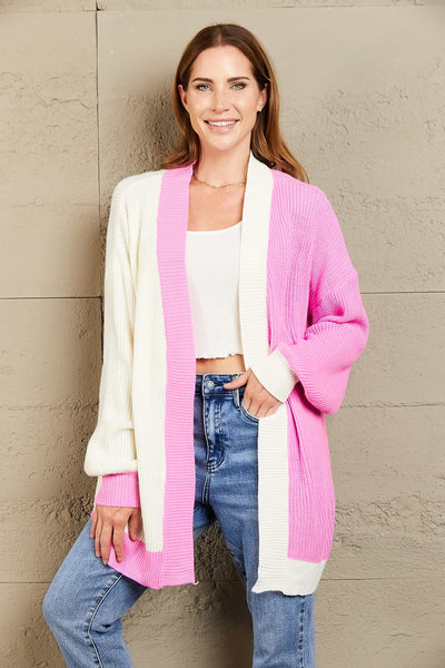 Chic Contrast: Woven Right Open Front Longline Cardigan with Dropped Shoulders - mississippihippieco Chic Contrast: Woven Right Open Front Longline Cardigan with Dropped Shoulders