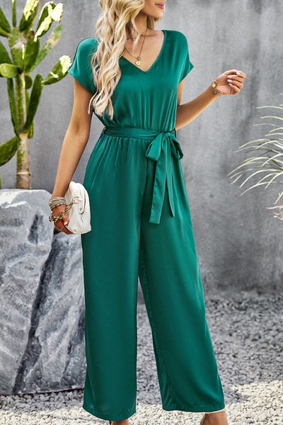 Classy Tie Belt V-Neck Short Sleeve Jumpsuit - Premium Style for All-Day Wear! - mississippihippieco Classy Tie Belt V-Neck Short Sleeve Jumpsuit - Premium Style for All-Day Wear!