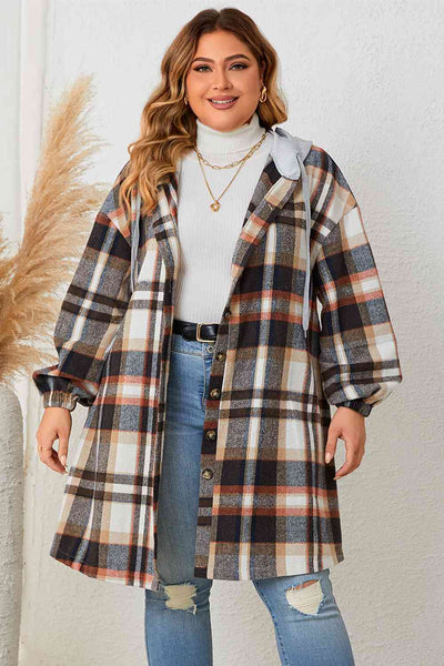 Curves in Style: Plus Size Plaid Drop Shoulder Hooded Coat - Effortless Chic for Cool Confidence - mississippihippieco Curves in Style: Plus Size Plaid Drop Shoulder Hooded Coat - Effortless Chic for Cool Confidence