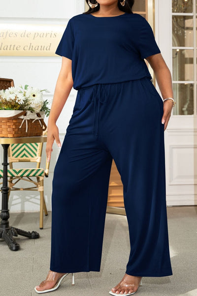 Effortless Chic: Plus Size Drawstring Waist Short Sleeve Jumpsuit - Comfortable Style for Confident Curves - mississippihippieco Effortless Chic: Plus Size Drawstring Waist Short Sleeve Jumpsuit - Comfortable Style for Confident Curves