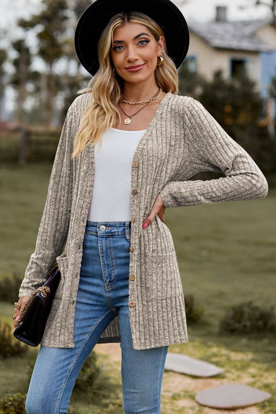 Effortless Comfort: Ribbed Button-Up Cardigan with Pockets - Elevate Your Everyday Style! - mississippihippieco Effortless Comfort: Ribbed Button-Up Cardigan with Pockets - Elevate Your Everyday Style!
