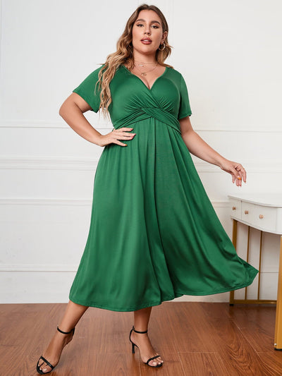 Elegance in Motion: Plus Size Short Sleeve Surplice Neck Midi Dress - Chic Comfort for Confident Curves - mississippihippieco Elegance in Motion: Plus Size Short Sleeve Surplice Neck Midi Dress - Chic Comfort for Confident Curves