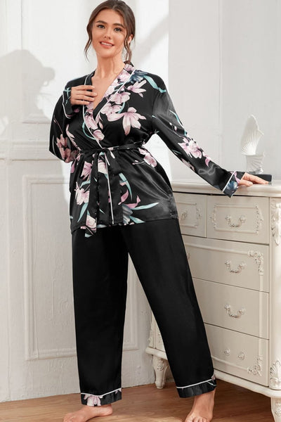 ✨ Feel Beautiful: Plus Size Floral Belted Robe and Pants Pajama Set - Comfort in Every Detail! 💐 Black / 1XL