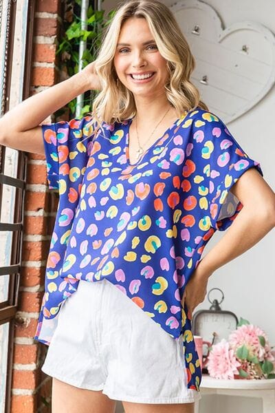 First Love Printed V-Neck Short Sleeve Blouse BLUEMULTI / S