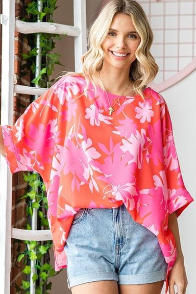 First Love Slit Printed Round Neck Half Sleeve Blouse CORALMULTI / S