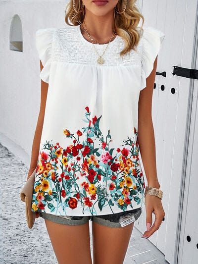 Floral Smocked Cap Sleeve Blouse White / S