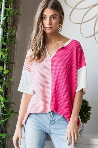 Heimish Full Size Contrast Waffle-Knit Half Sleeve Blouse Fuchsia / S