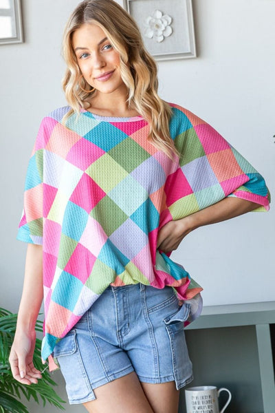 HOPELY Color Block Waffle Oversized T-Shirt PINK COMBO / S