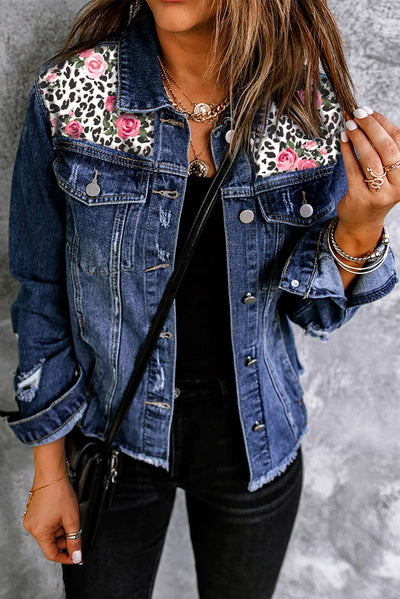 Mix It Up: Explore Trendy Style with Our Mixed Print Distressed Denim Jacket - Elevate Your Casual Chic Look! - mississippihippieco Mix It Up: Explore Trendy Style with Our Mixed Print Distressed Denim Jacket - Elevate Your Casual Chic Look!