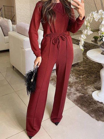 New fashionable long-sleeved T-shirt tops straight-leg trousers two-piece suit Wine Red / S