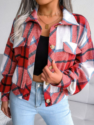Plaid Perfection: Cozy Jacket for Effortless Style and Comfort - Stay Warm in Trendy Fashion! Deep Red / S