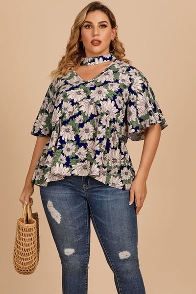 Plus Size Floral Flutter Sleeve Cutout Blouse Navy / XL