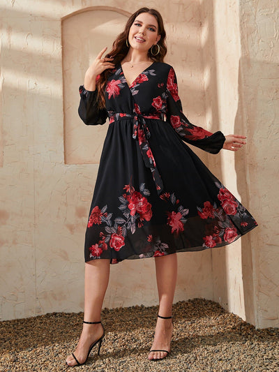 Plus Size Floral Surplice Neck Tie Waist Dress Black / 1XL